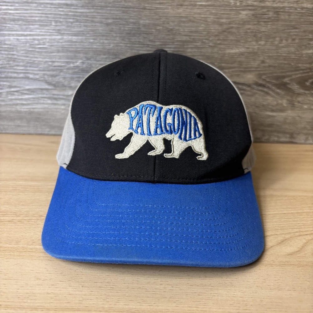 Patagonia Hat Cap Snap Back Black Gray Blue Embroidered Bear Logo Baseball Mens